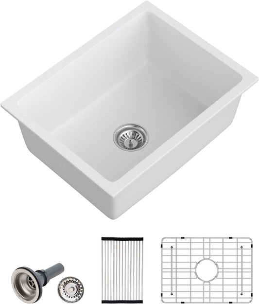 Dcolora 22 Inch Undermount Wet Bar Sink Single Bowl Modern Kitchen Sink White Granite Composite Deep Prep Small Sinks 22"×17"×9",DC-GUW003