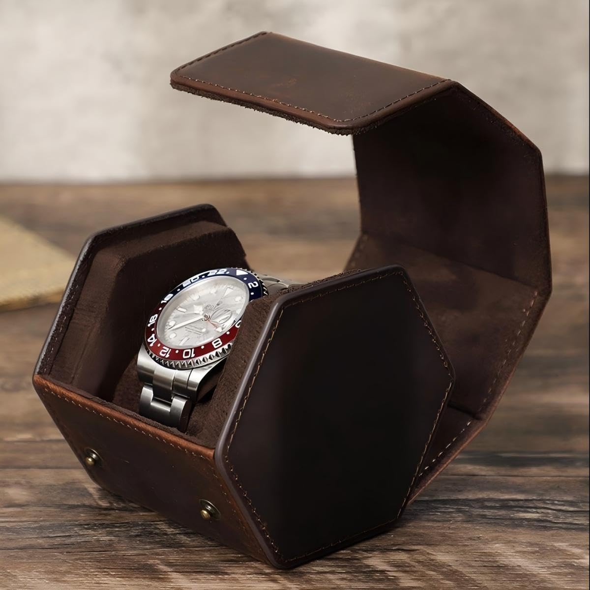 Genuine Leather Watch Roll Travel Case, Vintage Full Grain Leather Hexagon Watches Storage Organizer with Display Removable Pillows & Solid Dividers for Home Storage &Display (1 Slot)