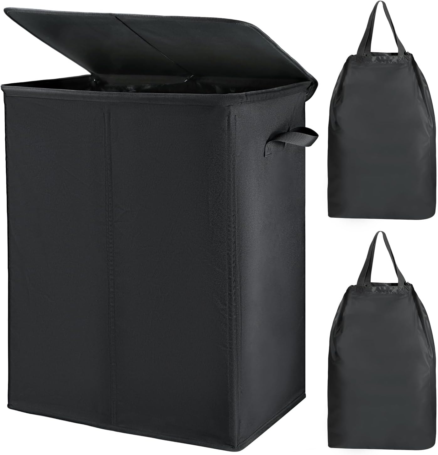 Voova 154L Double Laundry Hamper with Lid and 2 Removable Laundry Bags, Large Collapsible 2 Dividers Dirty Clothes Basket with Handles for Laundry Room, Bedroom, Bathroom, College Dorm, Black