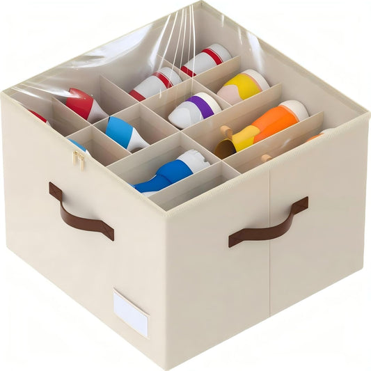 Shoe Organizer for Closet, Foldable Shoe Storage Containers, Fits up to 16 Pairs, Large Shoe Storage Organizer Box Cubby Baskets Bins with Clear Cover and Reinforced Handles, Beige