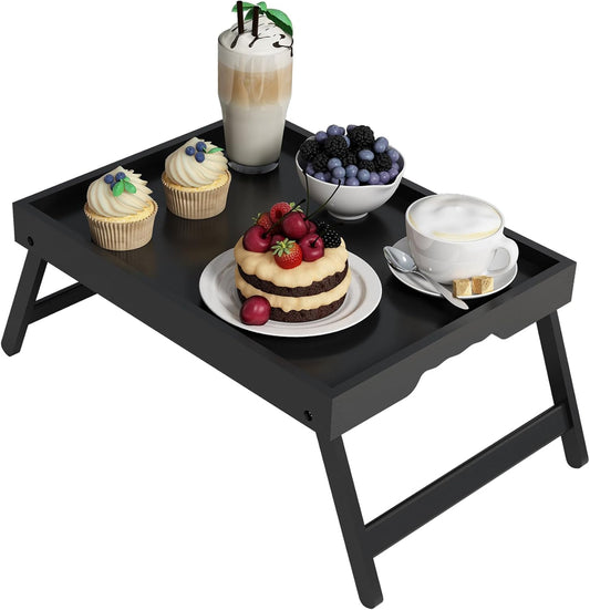 Bed Tray Table with Folding Legs,Bamboo Breakfast in Bed for Kitchen Serving Tray,Sofa,Used As Laptop Desk Snack Breakfast Tray (Black, Large)