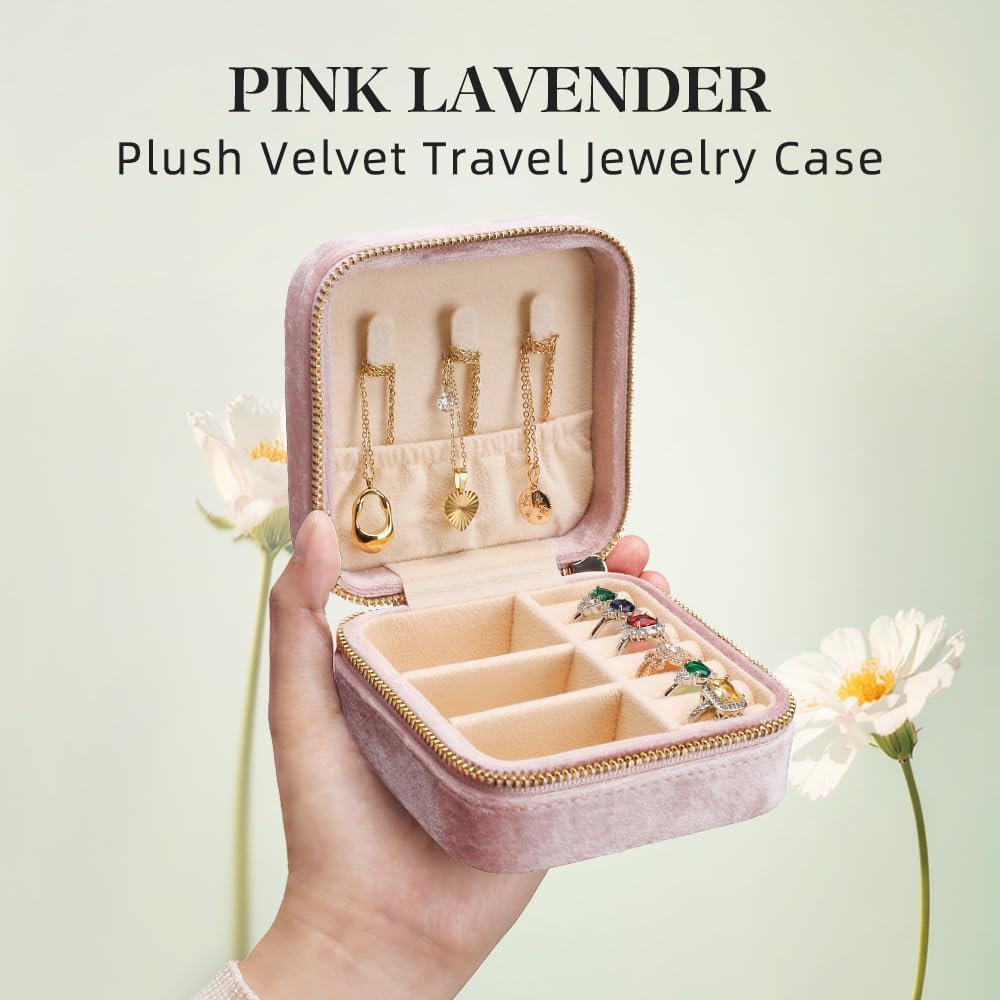 TAIMY Plush Velvet Travel Jewelry Box, Small Travel Jewelry Case, Portable Mini Jewelry Travel Organizer Boxes for Rings Earrings Necklaces Bracelets(Pink Lavender,No Mirror)