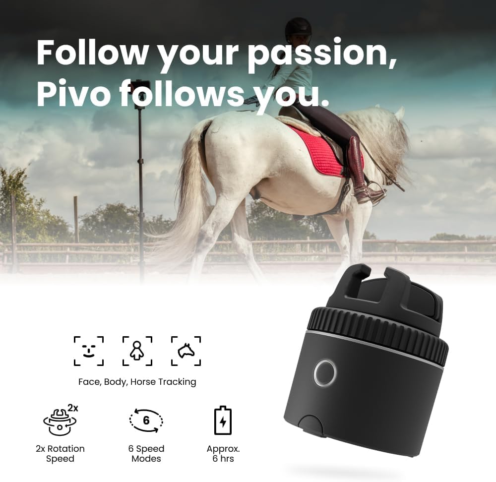 Pivo Equestrian Silver Essential Pack, Auto Face, Body, Horse Phone Tracking Holder, Ai-Powered 360° Rotation, Remote Control for Hands-Free Video Recording with Smart Mount, Travel Case & Tripod