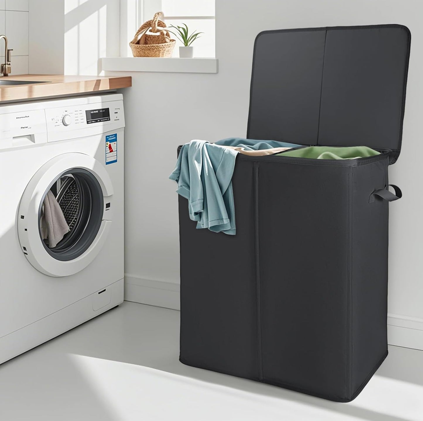 Voova 154L Double Laundry Hamper with Lid and 2 Removable Laundry Bags, Large Collapsible 2 Dividers Dirty Clothes Basket with Handles for Laundry Room, Bedroom, Bathroom, College Dorm, Black