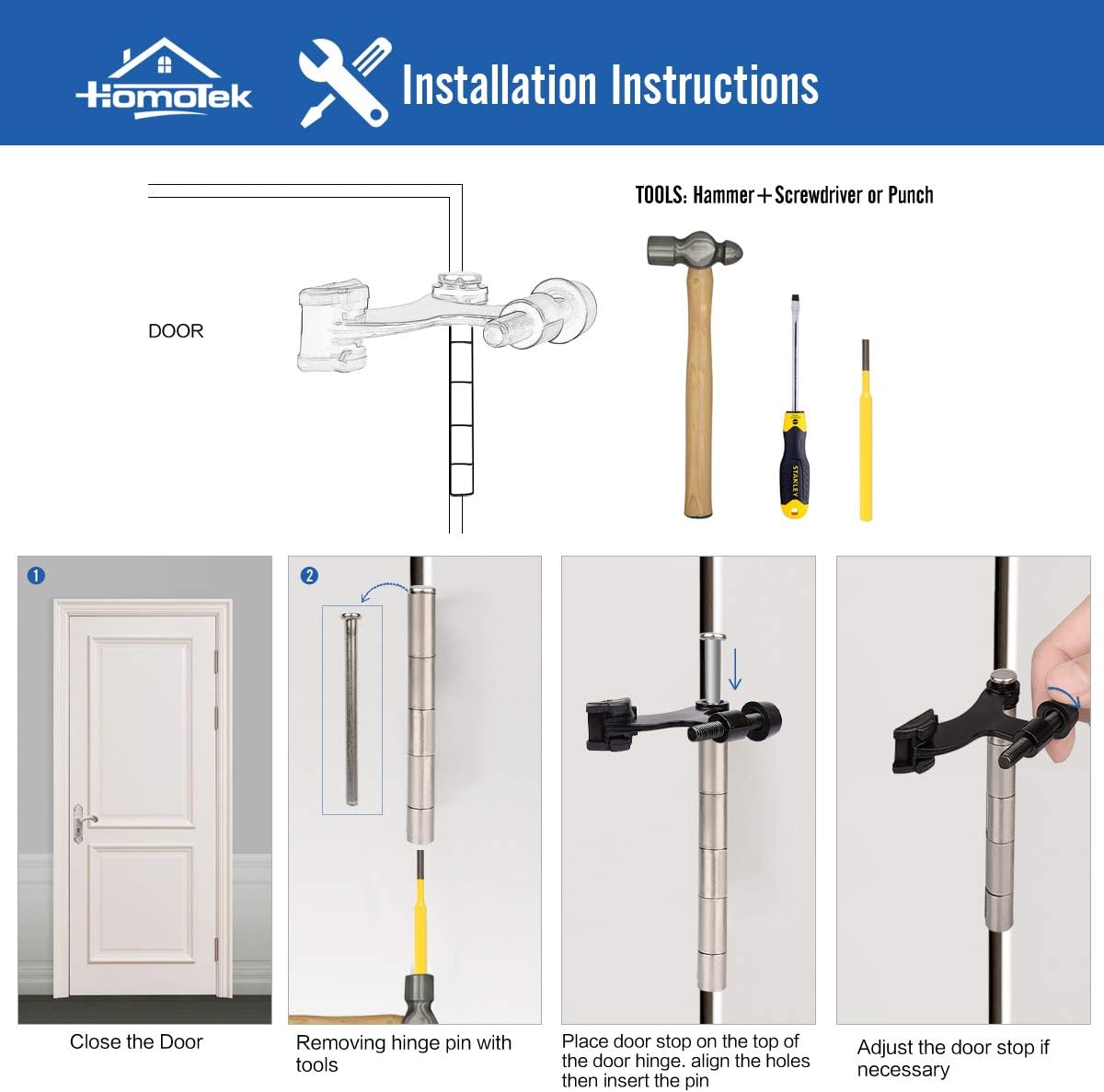 HOMOTEK 8 Pack Hinge Pin Oil Rubbed Bronze Door Stopper,Adjustable Deluxe Heavy Duty Door Stopper 2-1/2"x1-3/4”,with Black Rubber Bumper Tips