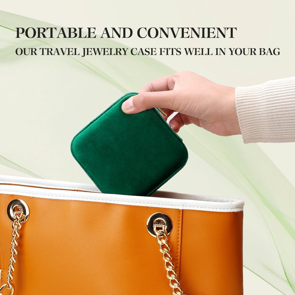 TAIMY Plush Velvet Travel Jewelry Box, Small Travel Jewelry Case, Portable Mini Jewelry Travel Organizer Boxes for Rings Earrings Necklaces Bracelets(Emerald Green,with Mirror)