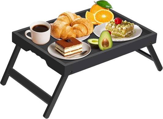 Artmeer Bed Tray Table with Folding Legs,Bamboo Breakfast in Bed for TV Table, Laptop Computer Tray,Eating,Snack Tray(Black) Extra-Large Size