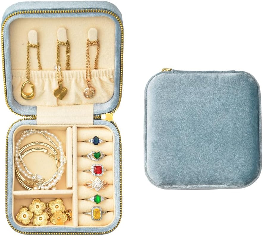 TAIMY Plush Velvet Travel Jewelry Box, Small Travel Jewelry Case, Portable Mini Jewelry Travel Organizer Boxes for Rings Earrings Necklaces Bracelets(Light Blue,No Mirror)