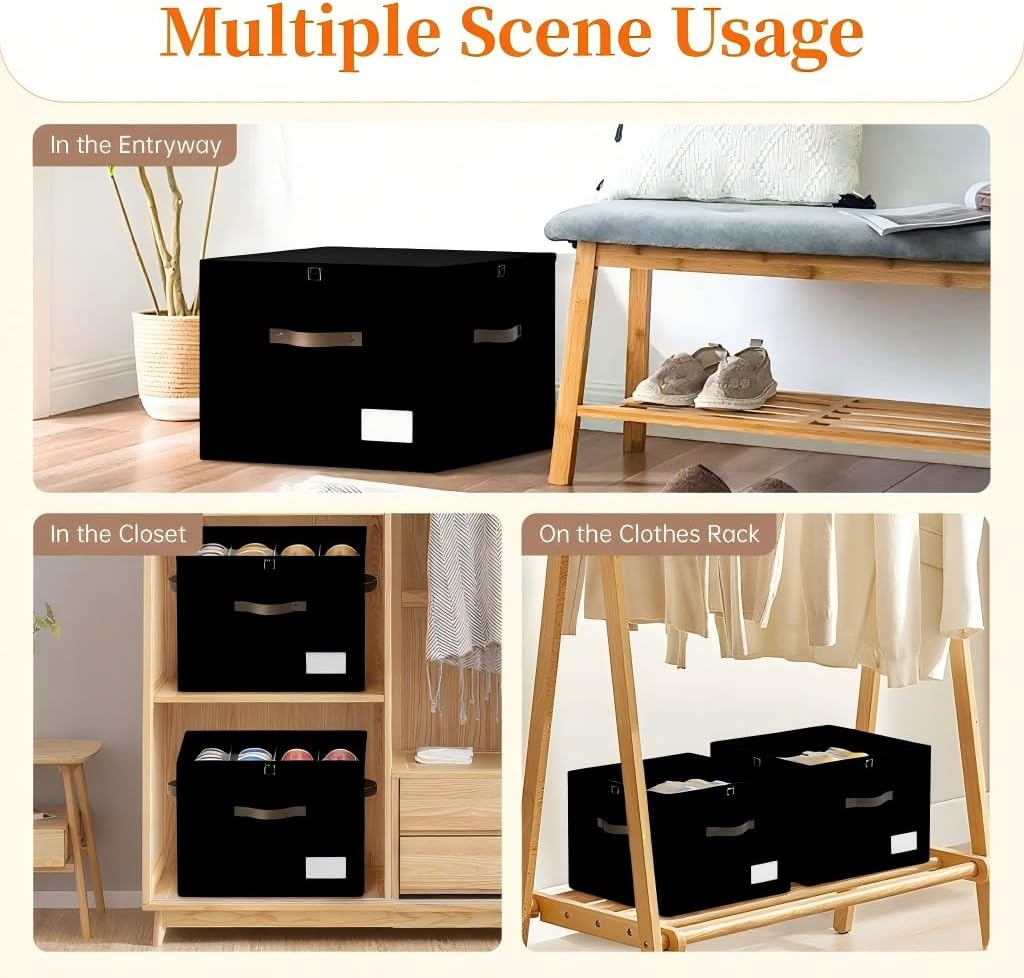 Shoe Organizer for Closet, Foldable Shoe Storage Containers, Fits up to 16 Pairs, Large Shoe Storage Organizer Box Cubby Baskets Bins with Clear Cover and Reinforced Handles, Black