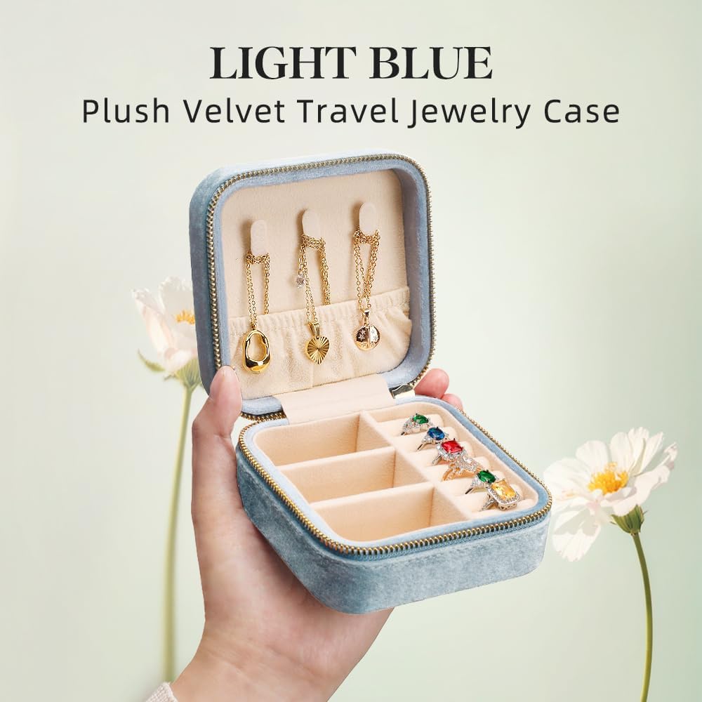 TAIMY Plush Velvet Travel Jewelry Box, Small Travel Jewelry Case, Portable Mini Jewelry Travel Organizer Boxes for Rings Earrings Necklaces Bracelets(Light Blue,No Mirror)