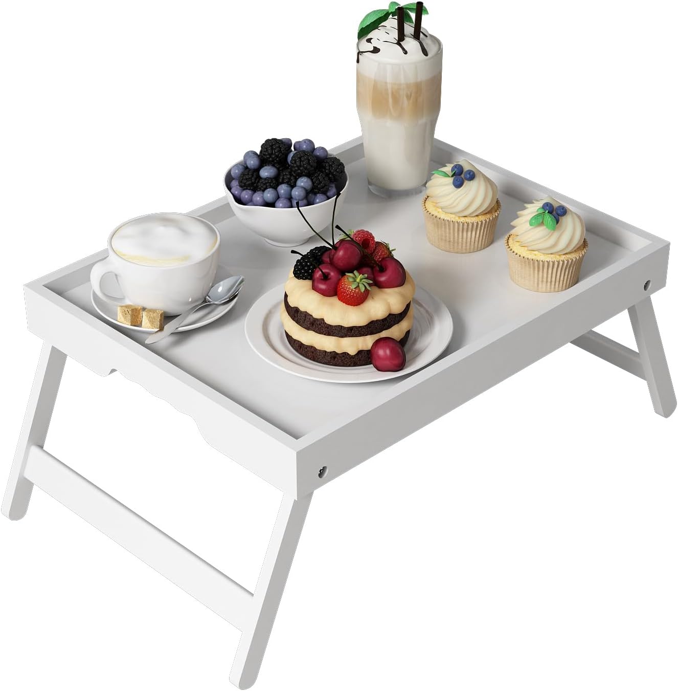 Bed Tray Table with Folding Legs,Bamboo Breakfast in Bed for TV Table,Tray,Eating,Snack Tray,Laptop Computer (White, Medium)