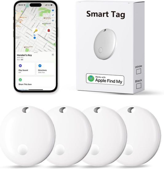 Tracker Tags, Item Finder Work with Apple Find My (iOS Only), Tracking Device Locator Smart Tag for Luggage, Keys, Wallet, Bike, Pets, Bags (White, 4 Pack)