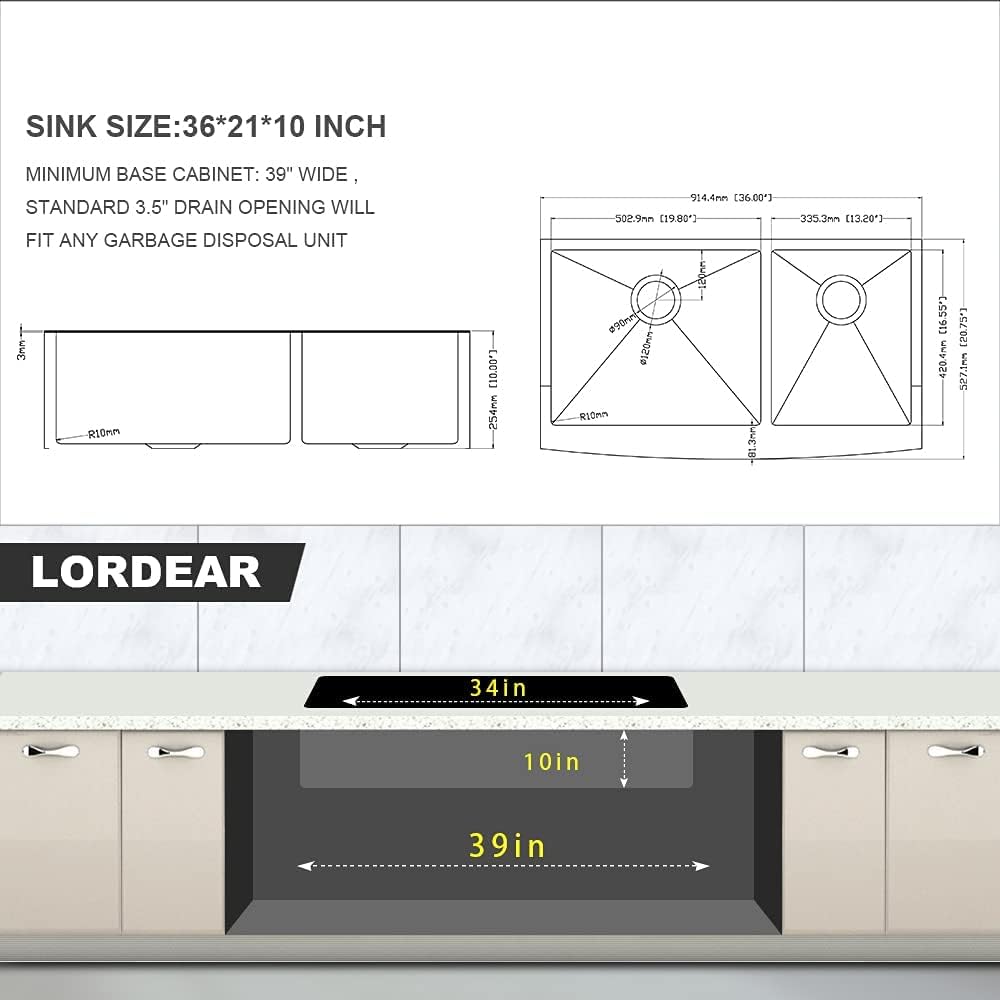 Lordear 36 Inch Double Bowl Farmhouse Kitchen Sink 36"x20-3/4"x10" Double Basin Undermount Farmhouse Kitchen Sinks 60/40 Apron Front 16 Gauge Farm Sinks