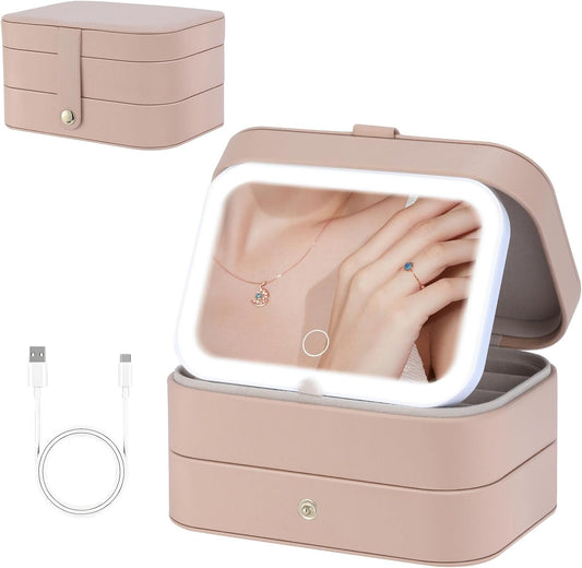 Travel Jewelry Case with LED Lighted Mirror, Personalized Birthday Gifts for Women Girls Kids, 2-Layer Portable Travel Jewelry Organizer, Travel Essentials (Autumn Apricot)