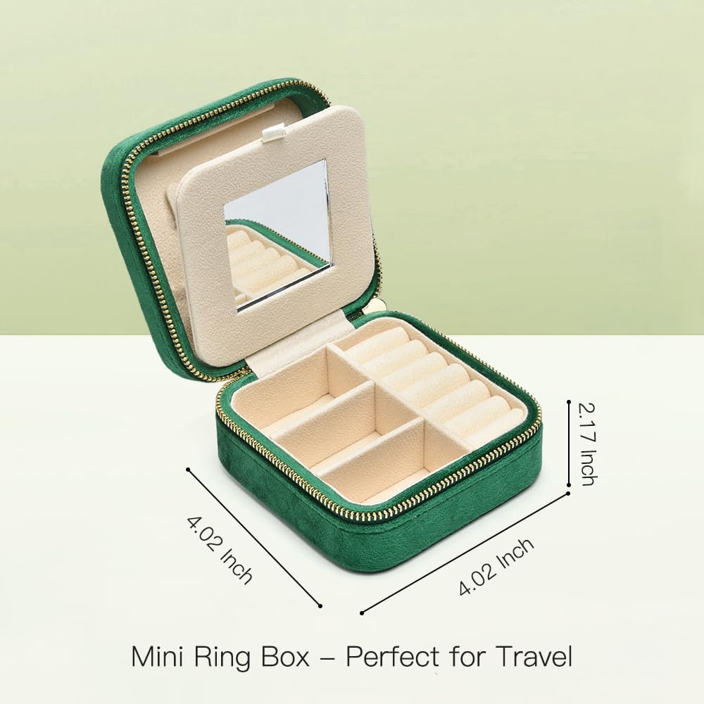 TAIMY Plush Velvet Travel Jewelry Box, Small Travel Jewelry Case, Portable Mini Jewelry Travel Organizer Boxes for Rings Earrings Necklaces Bracelets(Emerald Green,with Mirror)