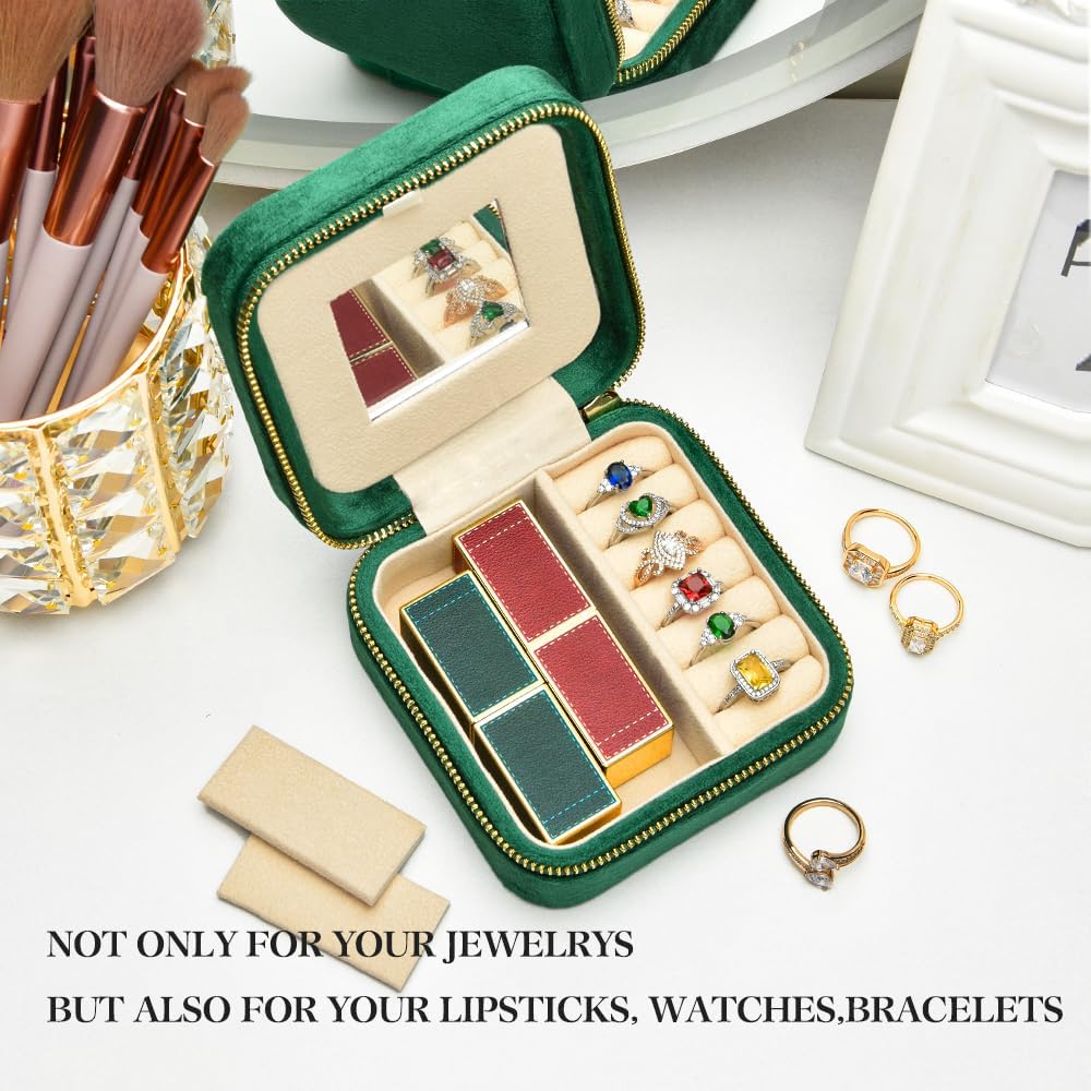 TAIMY Plush Velvet Travel Jewelry Box, Small Travel Jewelry Case, Portable Mini Jewelry Travel Organizer Boxes for Rings Earrings Necklaces Bracelets(Emerald Green,with Mirror)