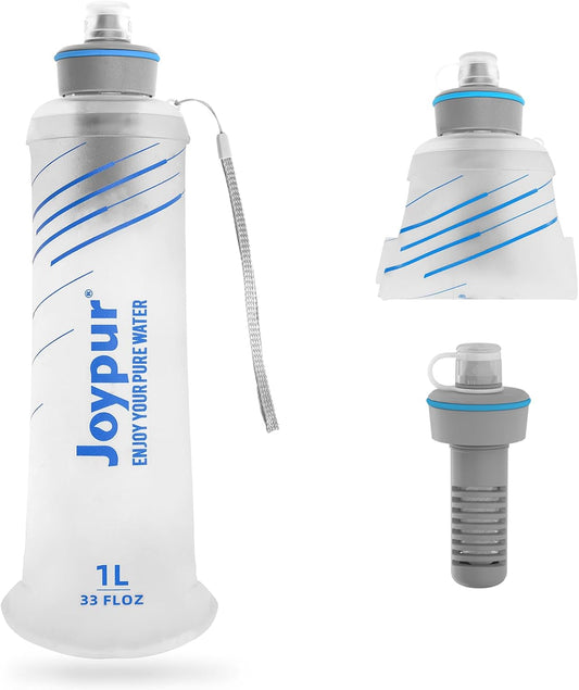 Collapsible Water Bottle with Filter - 1L Squeeze Water Filtered Bottle Camping Survival Hiking Backpacking, Portable Water Filter with NSF/FDA Certification, White