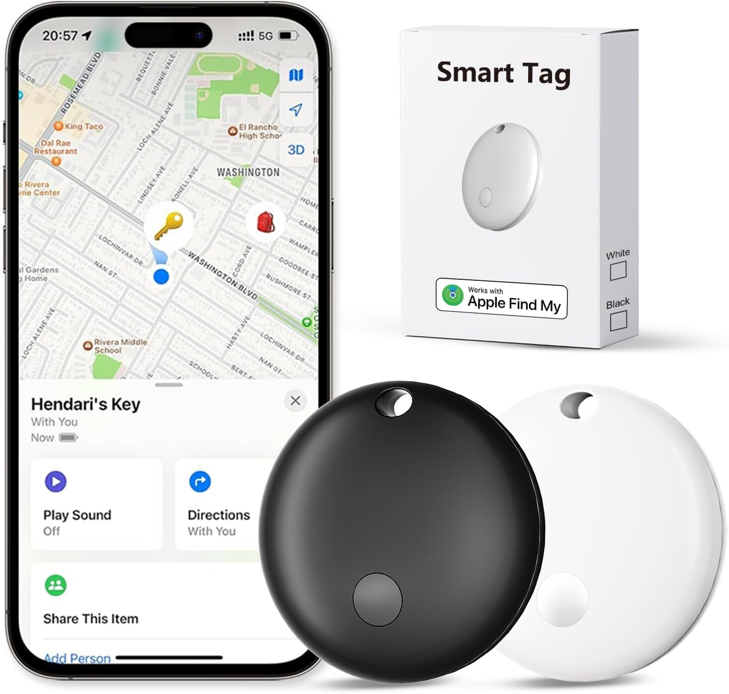Tracker Tags, Item Finder Work with Apple Find My (iOS Only), Tracking Device Locator Smart Tag for Luggage, Keys, Wallet, Bike, Pets, Bags (Black & White, 2 Pack)