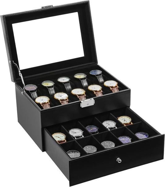 Uten 20-Slot Watch Box, 2-Layers PU Leather Watch Case with Glass Lid, Watch Holder Organizer with Soft Pillow and Velvet Lining, Watch and Jewelry Storage Box, Black