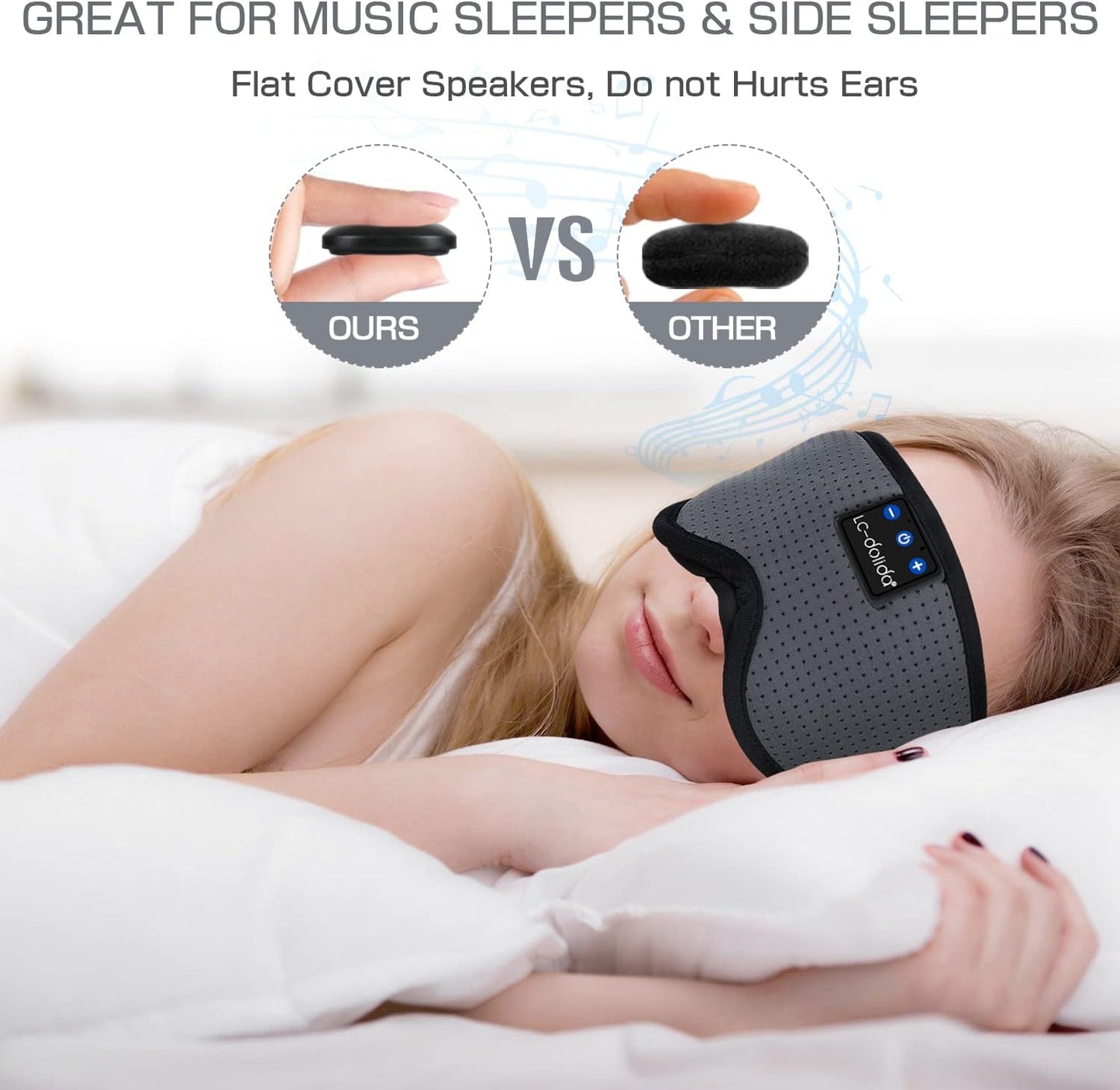 LC-dolida Sleep Headphones, Sleep Mask Bluetooth Wireless Music Eye Mask, Sleeping Headphones for Side Sleepers Sleep Mask with Bluetooth Headphones Ultra-Thin Stereo Speakers Perfect for Sleeping