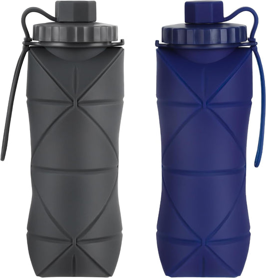 Silicone Collapsible Water Bottles,Lightweight Reusable Leakproof For Traveling Camping Hiking Cycling Sports Outdoor,Foldable Portable Travel Water Bottle 600ML Dark Grey And Dark Blue 2Pack.