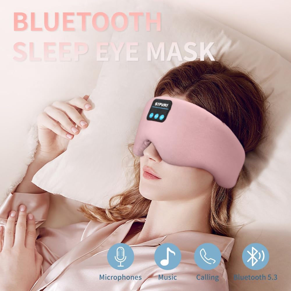 Bluetooth Sleep Mask Wireless Headphones Bluetooth Eye Mask for Side Sleepers SYPVRY Blackout Eye Mask with Headphones Speaker for Airplane,Travel, Pink