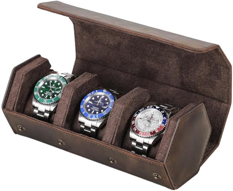Genuine Leather Watch Roll Travel Case, Vintage Full Grain Leather Hexagon Watches Storage Organizer with Display Removable Pillows & Solid Dividers for Home Storage &Display(3 Slots)