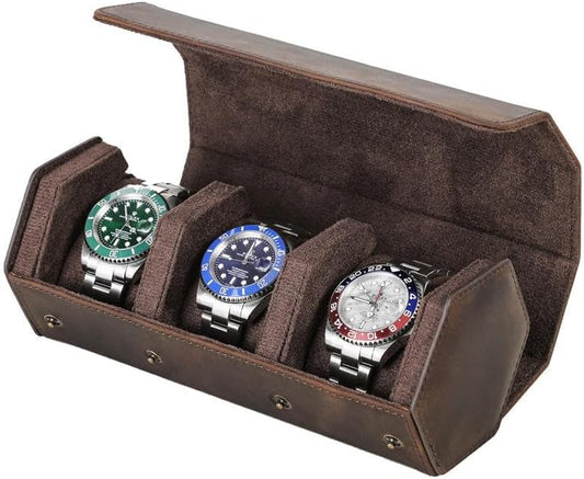 Genuine Leather Watch Roll Travel Case, Vintage Full Grain Leather Hexagon Watches Storage Organizer with Display Removable Pillows & Solid Dividers for Home Storage &Display(3 Slots)