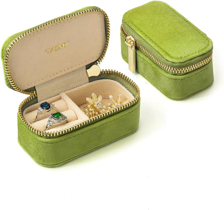 Small Travel Jewelry Case, Mini Tiny Plush Velvet Jewelry Box for Women and Girls, Pocket Size Jewelry holder organizer for Rings Earrings and Small Items(Lime Green)