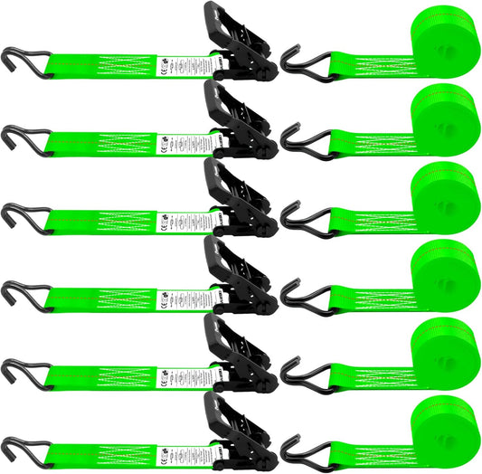 6 Pack 2 inch Ratchet Straps Heavy Duty J Hook 2 in x 15ft with Strong Ratcheting, Cargo Load Tie Down Strap 2200lbs Working Load for Trucks Green