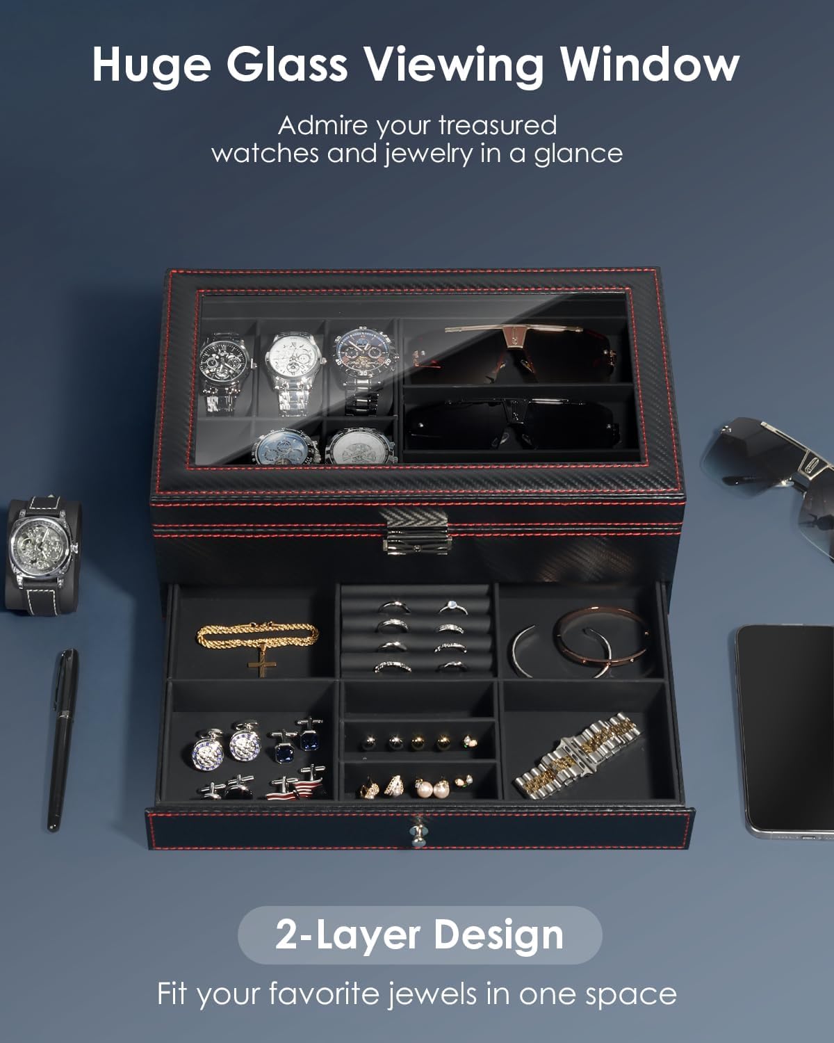 Watch Jewelry Box Organizer, 6-Slot 2-Layer Watch Case and Sunglasses Storage with Large Glass Lid, Men's Jewelry Box with Lock, Watch Holder Display Case, Gift for Men Women
