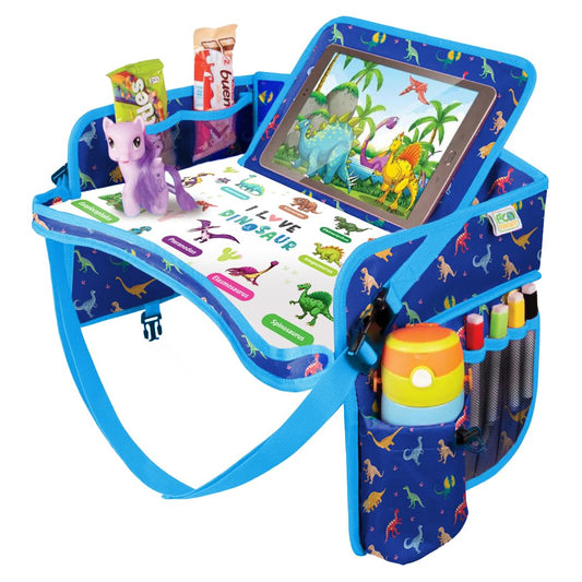 Kids Travel Tray - Waterproof Car Table with No-Drop Large Tablet Holder - Car Seat Tray - Road Trip Must Haves - Lap Desk Kids Organizer for Airplane - Toddler Travel Activities (Blue)