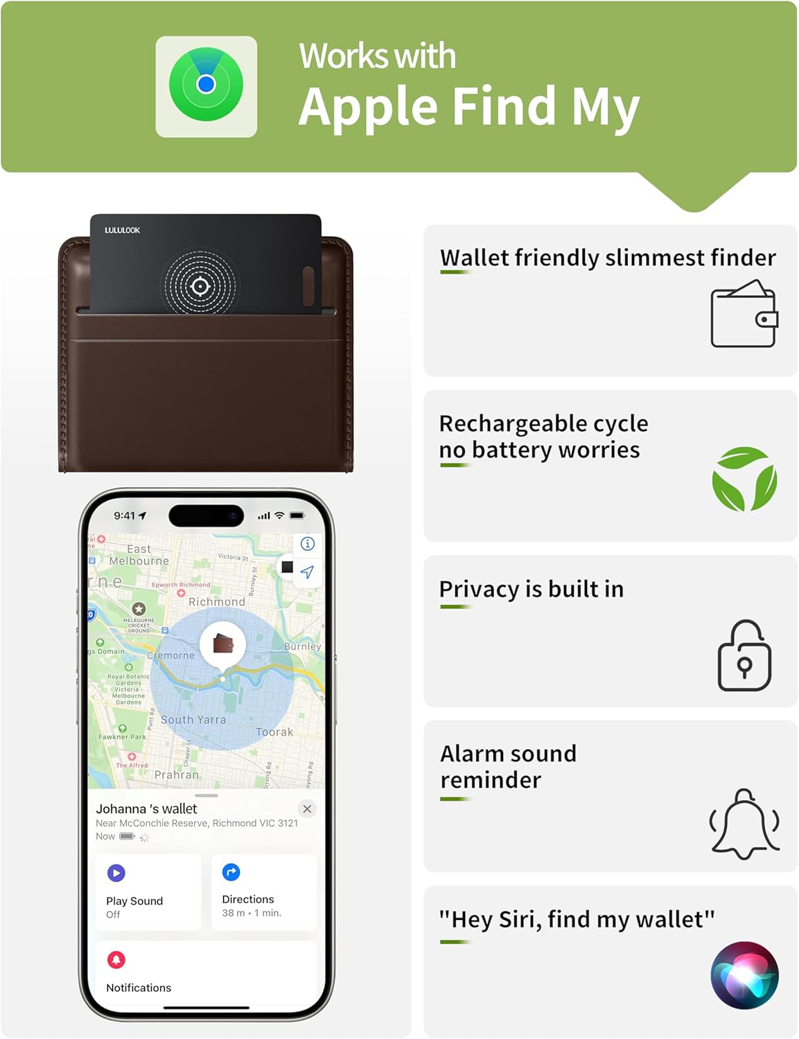LULULOOK Wallet Tracker Card, Ultra Slim Airtag Wallet Works with Apple Find My (iOS Only), Wireless Rechargeable GPS Smartcard Tracker for Luggage, Tags, Passport, Purse, IP68 Waterproof, 3Pack
