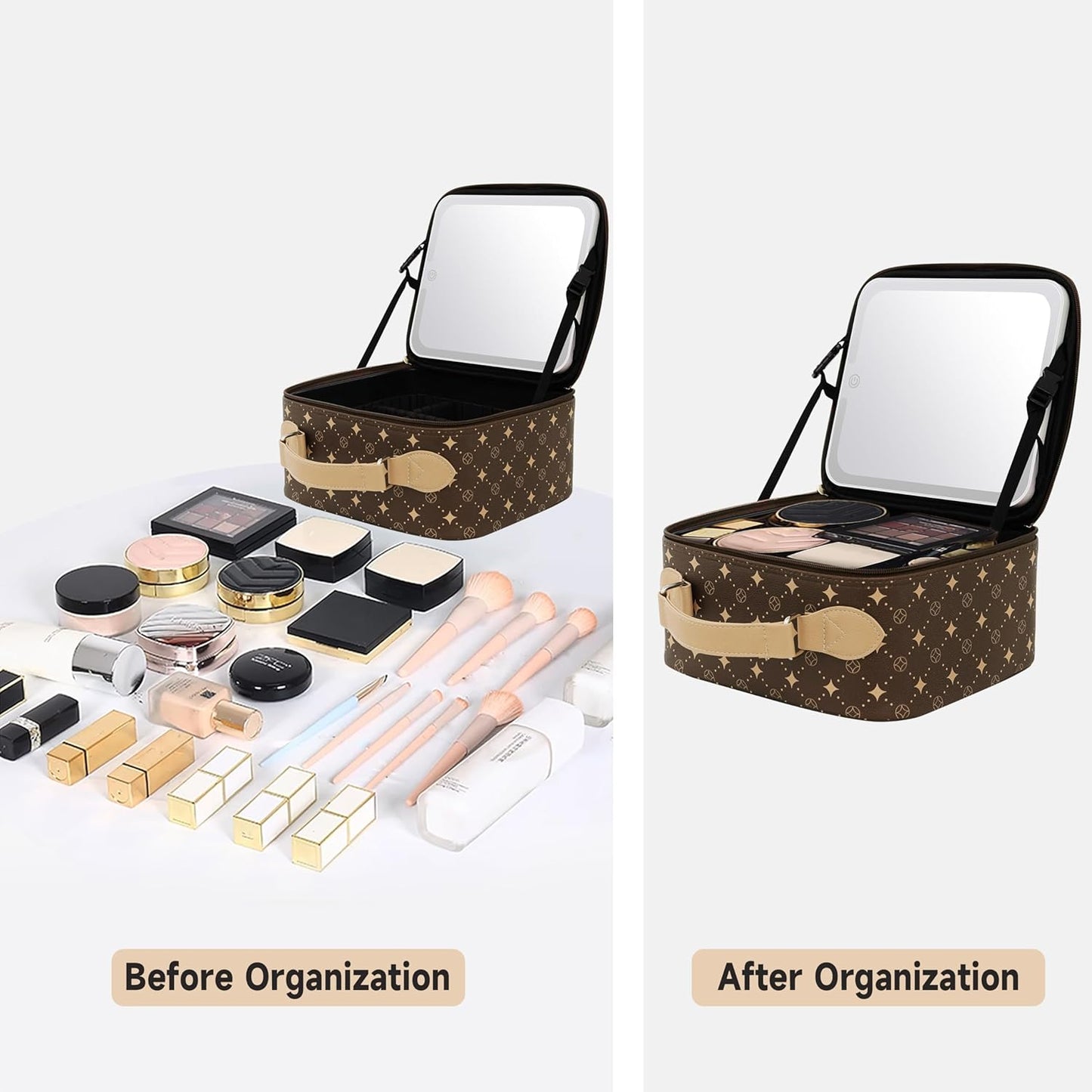 Travel Makeup Bag With 360° rotating LED Mirror,Waterproof cosmetic organizer,Portability Cosmetic case,Makeup organizer,Gift for Women,Girls Gift (Brown)