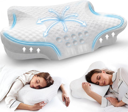 Cervical Neck Pillow for Side Sleeper - Memory Foam Neck Support Pillows for Neck Pain Relief - White