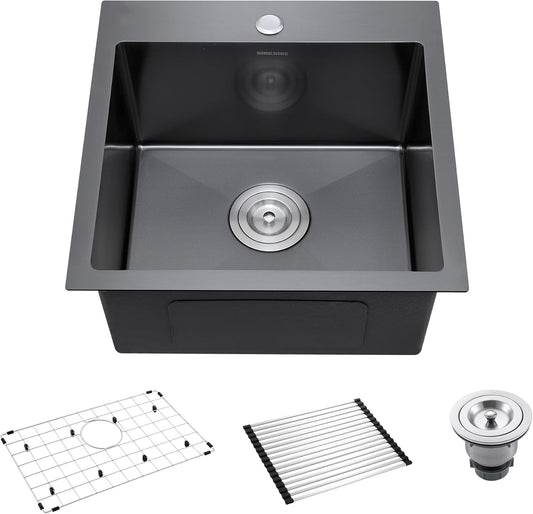 18-Inch Black Bar Sink Drop-In, SINKVINE PVD Nano Stainless Steel Kitchen Sink for Laundry, Outdoor, RV, Top Mount Deep Single Bowl Sink w/Drain Strainer, Bottom Grid, Roll-up Drying Unit, Dark Gray