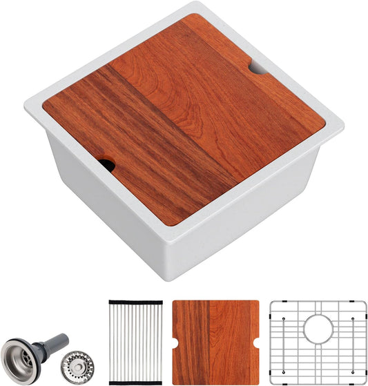 Dcolora 18 Inch Wet Bar Sink Granite Composite White Undermount Small Kitchen Sink Single Bowl With Workstation #DC-GU0001WS