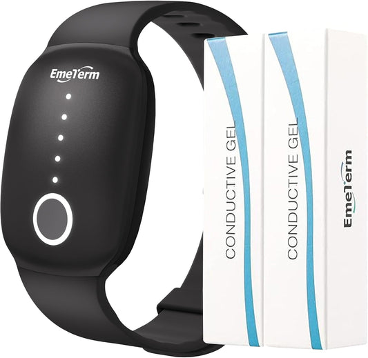 EmeTerm Fashion Anti-Nausea Wristband Relieve Morning Motion Travel Sickness Rechargeable Drug Free Bands Without Side Effects - Extra 2pack Conductive Gel (Jet Black - Extra 2pack Conductive Gel)