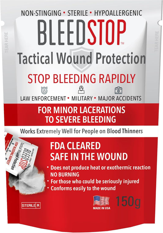 BleedStop First Aid Powder for Blood Clotting, Trauma Kit, Blood Thinner Patients, Camping Safety, and Survival Equipment for Moderate to Severe Bleeding Wounds or Nosebleeds 150 Gram