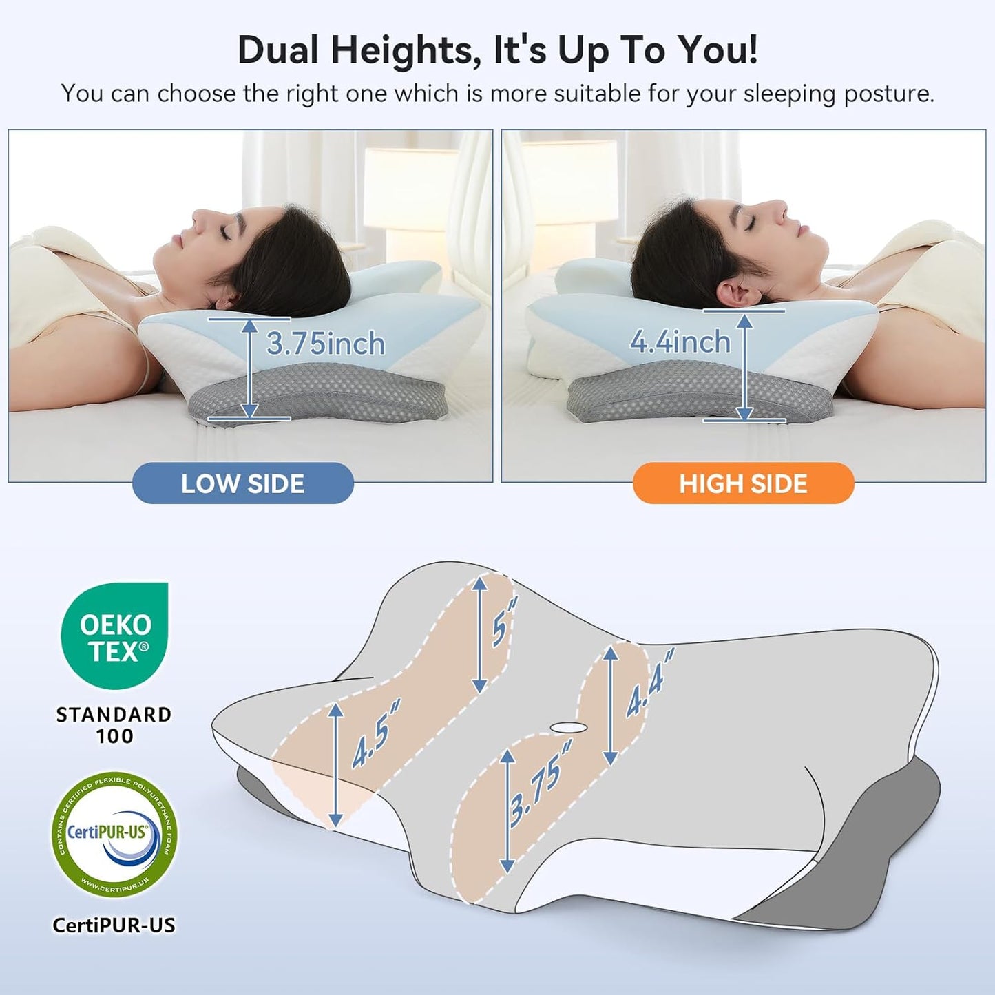 Cervical Neck Pillow for Pain Relief- Memory Foam Orthopedic Pillow, Ergonomic Contour Pillows for Side/Back/Stomach Sleepers, Adjustable Height with Breathable Pillowcase(Grey)