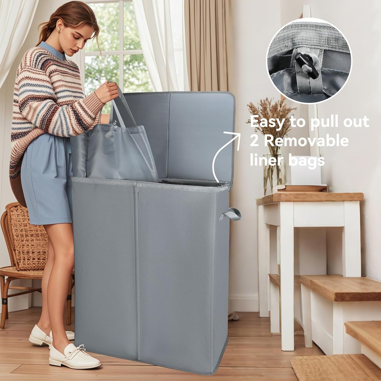 Voova 154L Double Laundry Hamper with Lid and 2 Removable Laundry Bags, Large Collapsible 2 Dividers Dirty Clothes Basket with Handles for Laundry Room, Bedroom, Bathroom, College Dorm, Grey