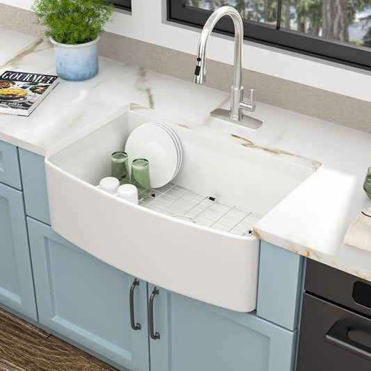 33x19 Farmhouse Kitchen Sink - Farm Curved Apron Front Ceramic Porcelain Fireclay Single Bowl Basin