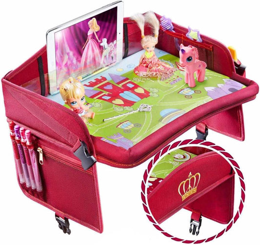 Coolmum Kids Travel Tray, Toddler Car Seat Tray, Double Sided Activity Organizer, Snack Lap Tray, Baby Stroller Table, Airplane Play Table, Waterproof and Foldable (Premium Red)
