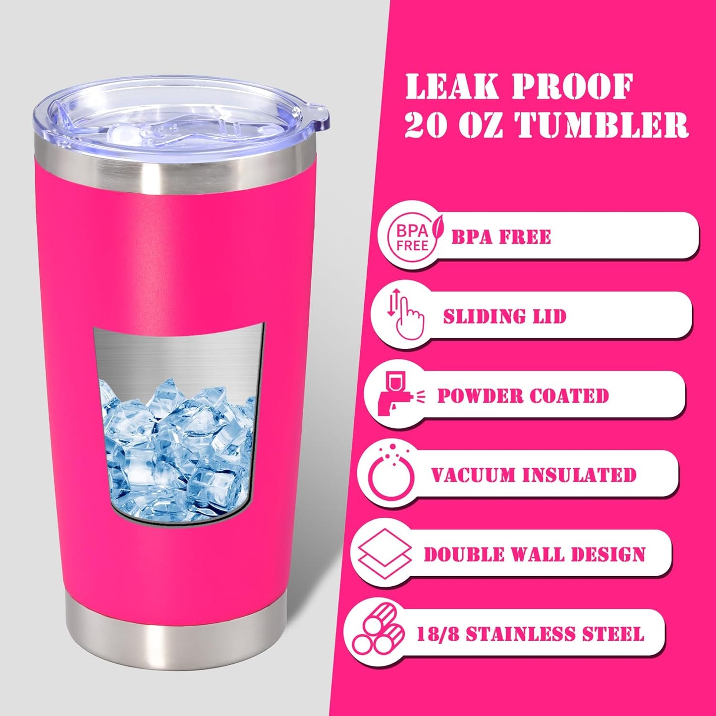 20 oz Tumbler with lid Double Wall Vacuum Insulated Tumblers Stainless Steel Coffee Mug Travel Coffee Tumbler Powder Coated Tumbler Cup Keep Hot&Cold - (Hot Pink 1 Pack)