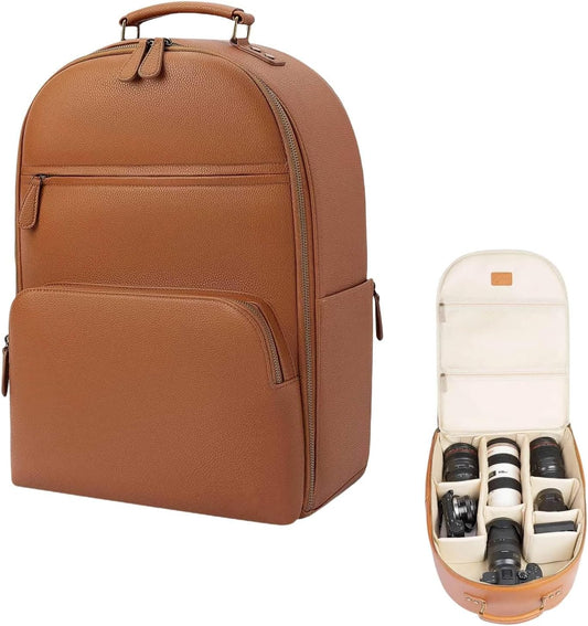 Camera Backpack Classic PU Leather for DSLR, Professional Camera Bag for Photographers with 15 Inch Laptop Compartment Large 20L