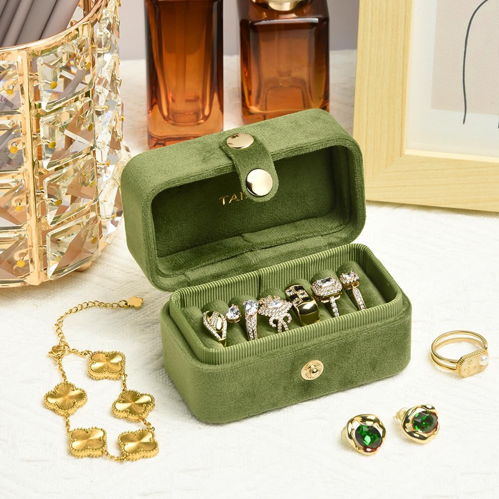Travel Jewelry Case, Portable Pocket Size Small Plush Velvet Ring Box for Women, Mini Ring Holder and Organizer with 7 slots for purse(Avocado Green)