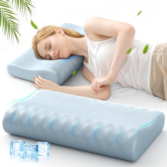 Cervical Neck Pillow for Sleeping - Memory Foam Pillows, Orthopedic Pillow for Neck and Shoulder Pain, Adjustable Cooling Contour Pillow (Misty Blue, Queen)