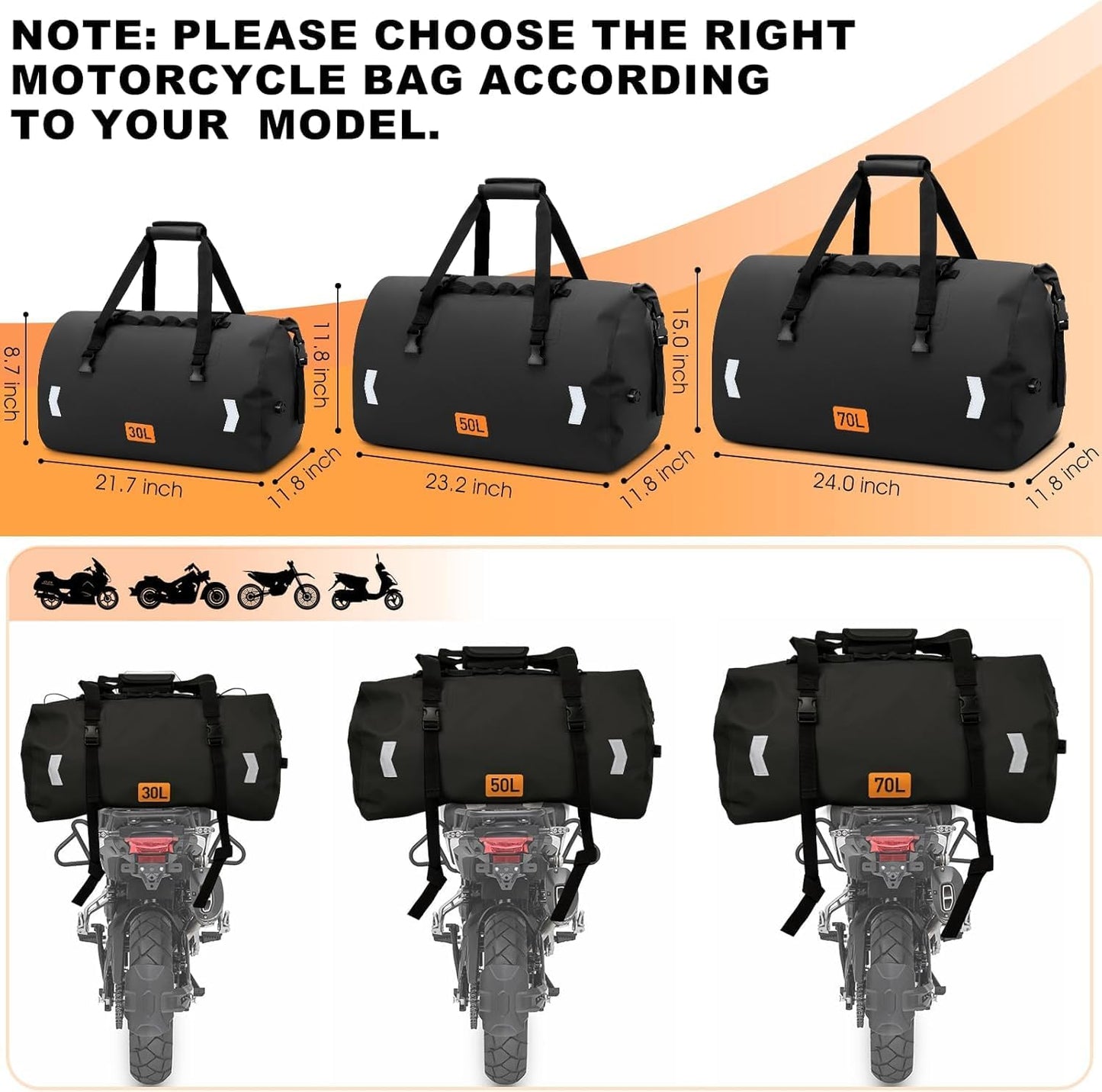 Waterproof Duffel Bag, 50L Roll-top Motorcycle Dry Bag with Air Valve & Quick-fixed Straps, Travel Duffle Bags for Kayaking Paddle Boarding Rafting Boating Camping Riding Fishing - Black