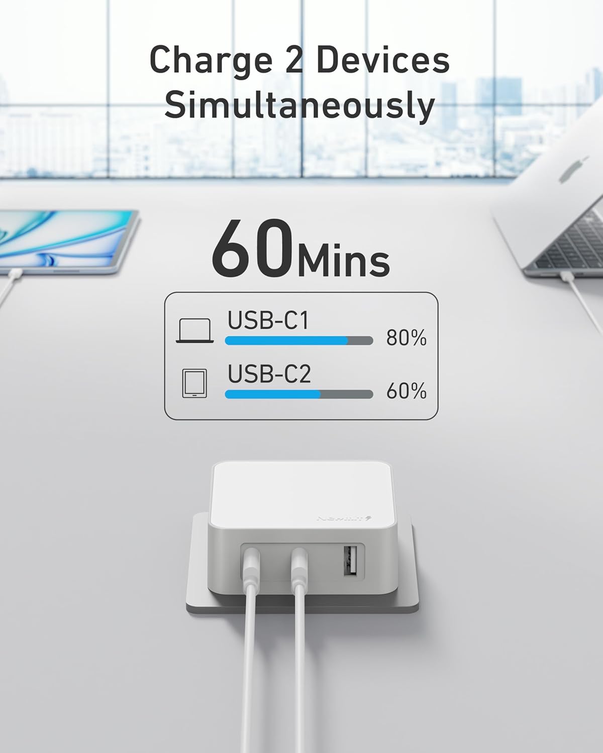 Nekmit 100W Flat USB C Charger Block, 3-Port GaN Fast Wall Charger, USB C Wall Plug for MacBook Pro/Air, iPad, iPhone, Galaxy and More (White, 100W)