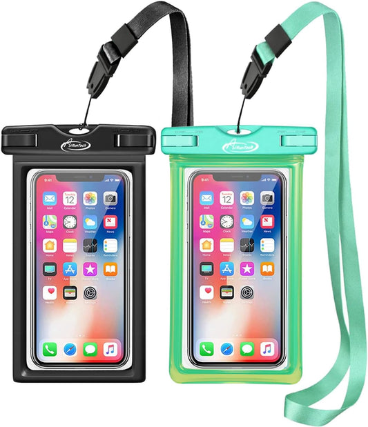 AiRunTech Waterproof Phone Pouch,Floating Waterproof Phone Case with Adjustable Lanyard,Beach,Cruise,Vacation Essentials,Summer Travel Phone Protector-2 Pack(Green + Black)